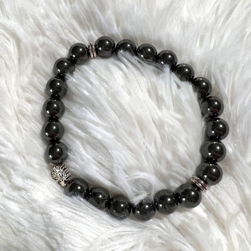 Hematite Gemstone Tree‎ of Life Bead Stretch Bracelet Gunmetal Gray